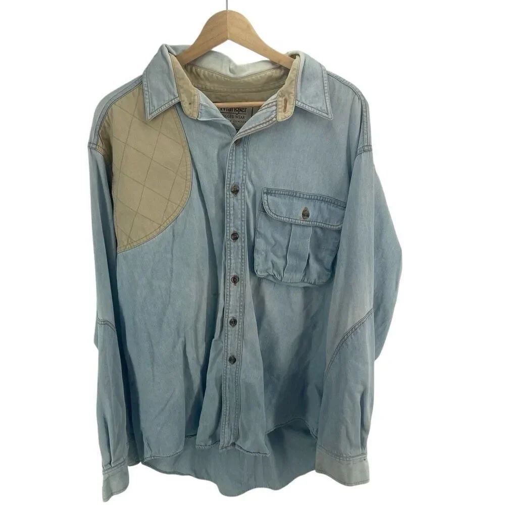 Vintage Wrangler Rugged Wear Mens Shooting Outdoor Button-up Denim Shirt Blue XL